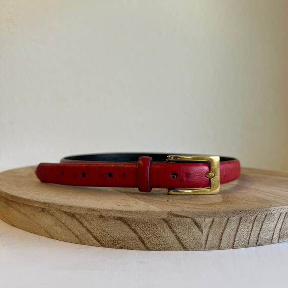 Vintage 90s Red Genuine Italian Leather Thin Skinny Gold Buckle Belt Size Small - Picture 1 of 11